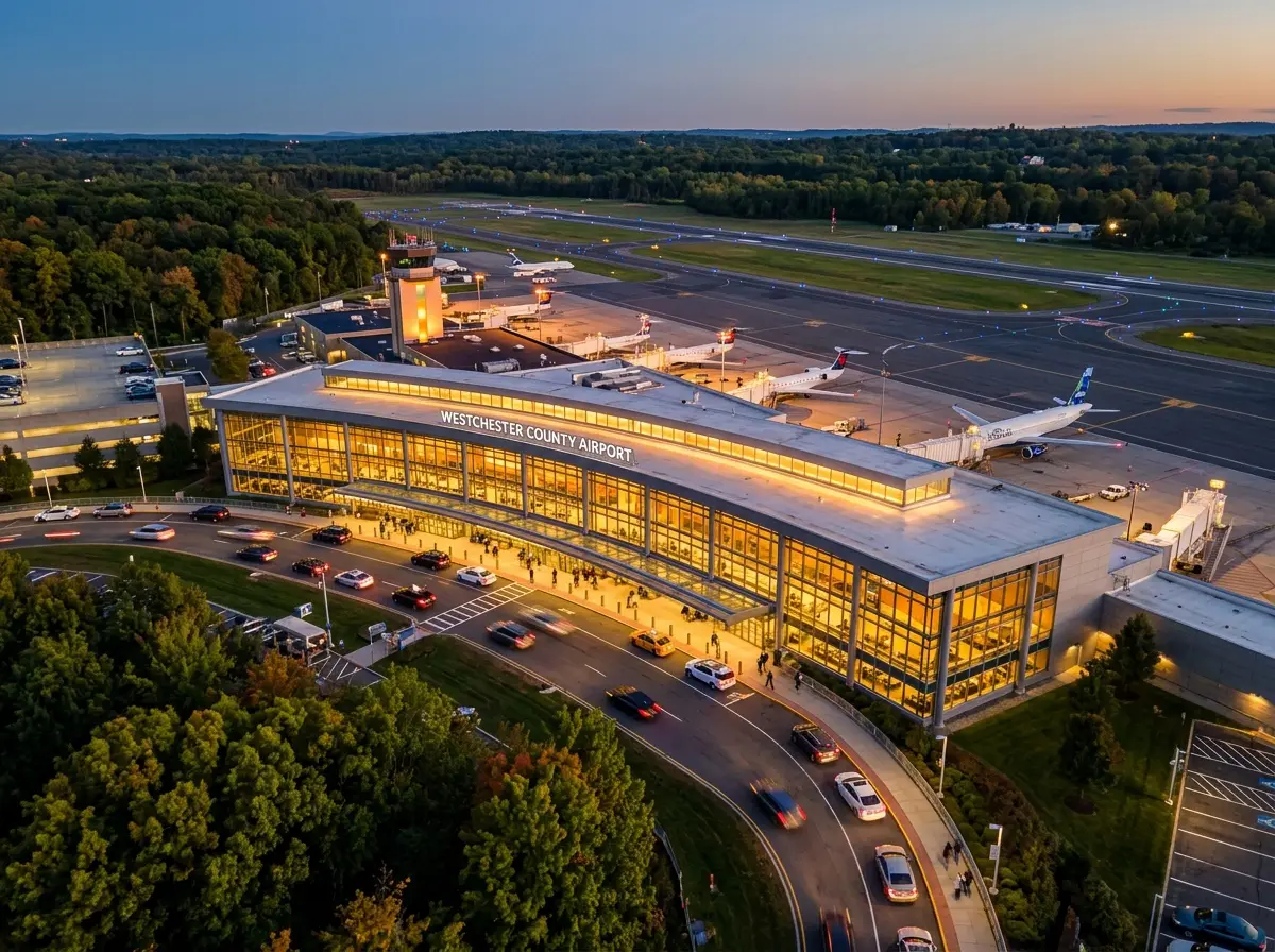 Westchester County Airport terminal exterior at dusk, modern glass facade with amber ambient lighting, aerial perspective