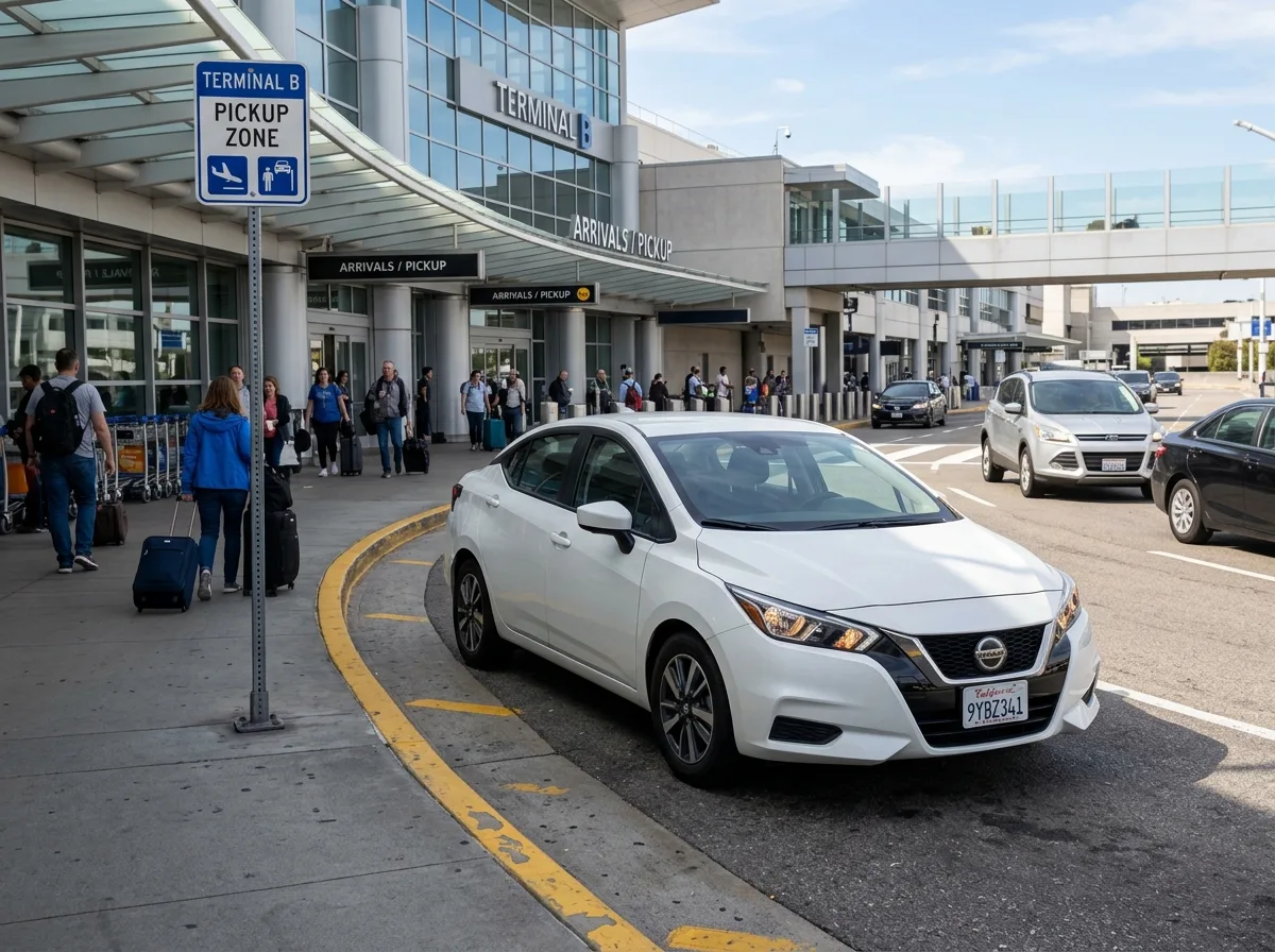 Nissan Versa compact sedan, white, parked at terminal pickup zone, daytime