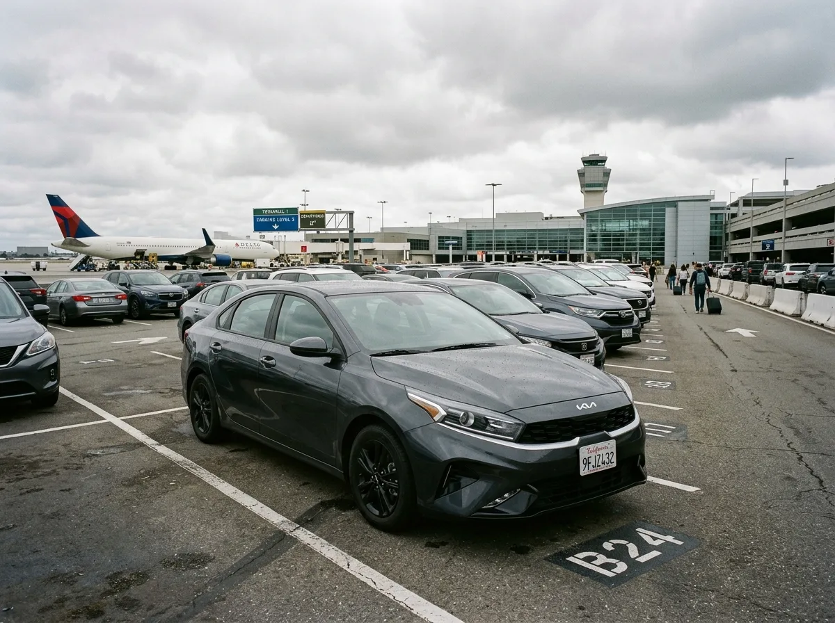 Kia K4 intermediate sedan, dark gray, airport vehicle lot, overcast sky