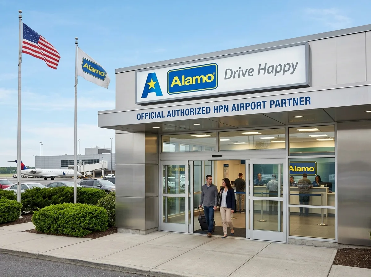 Alamo car rental brand logo, official authorized HPN airport partner