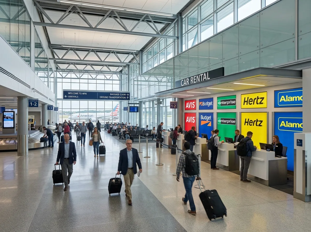 HPN airport terminal interior, modern bright arrivals hall with rental counter signs visible, professional travel setting