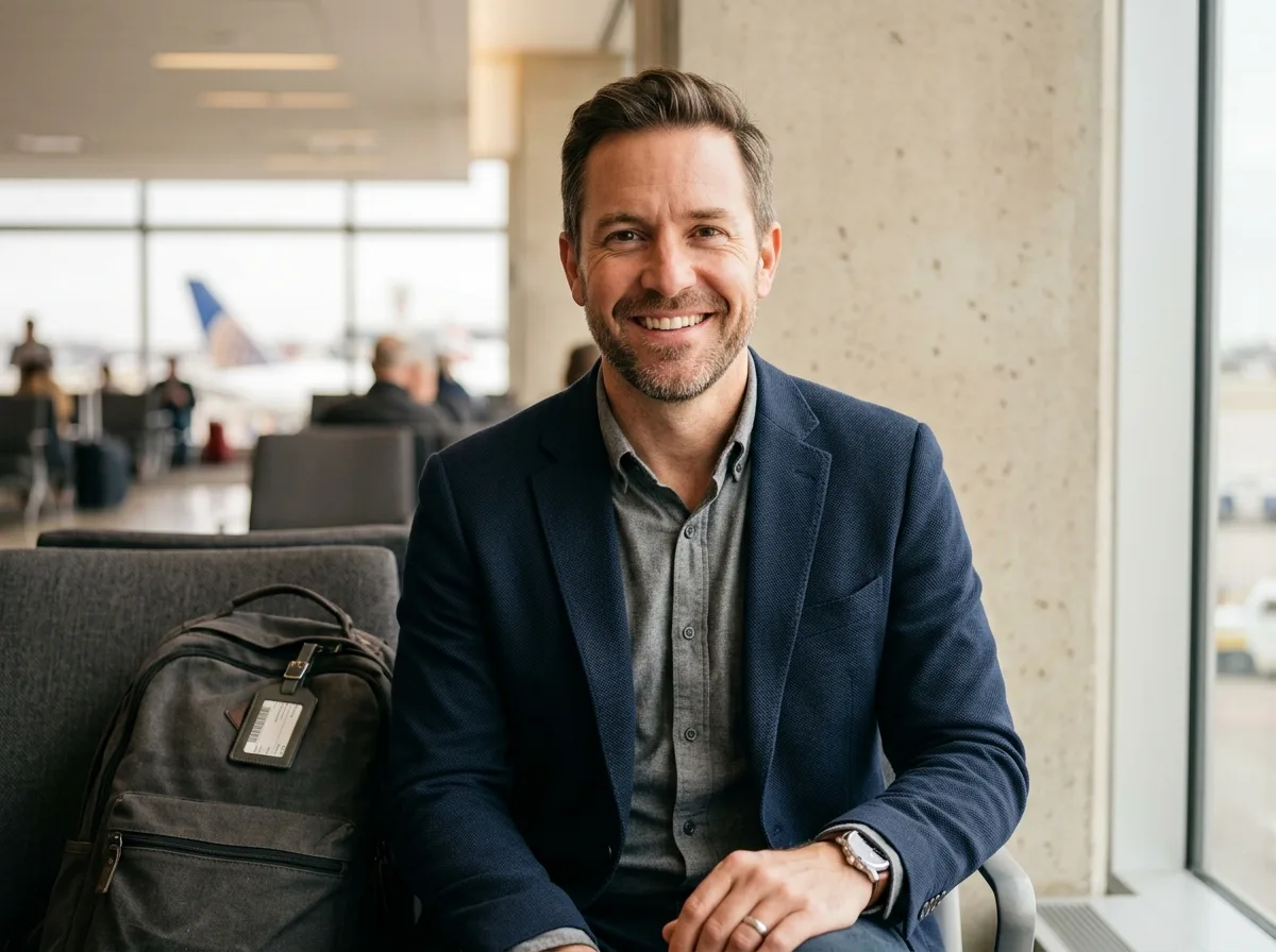 Portrait of David R., 40s professional male traveler, smiling, business casual, neutral background