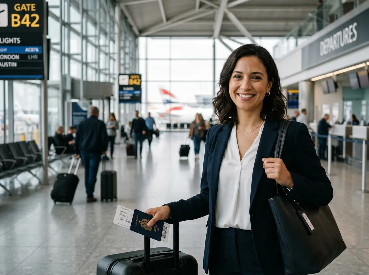 Portrait of Maria L., 30s woman traveler, professional appearance, warm smile, airport terminal background