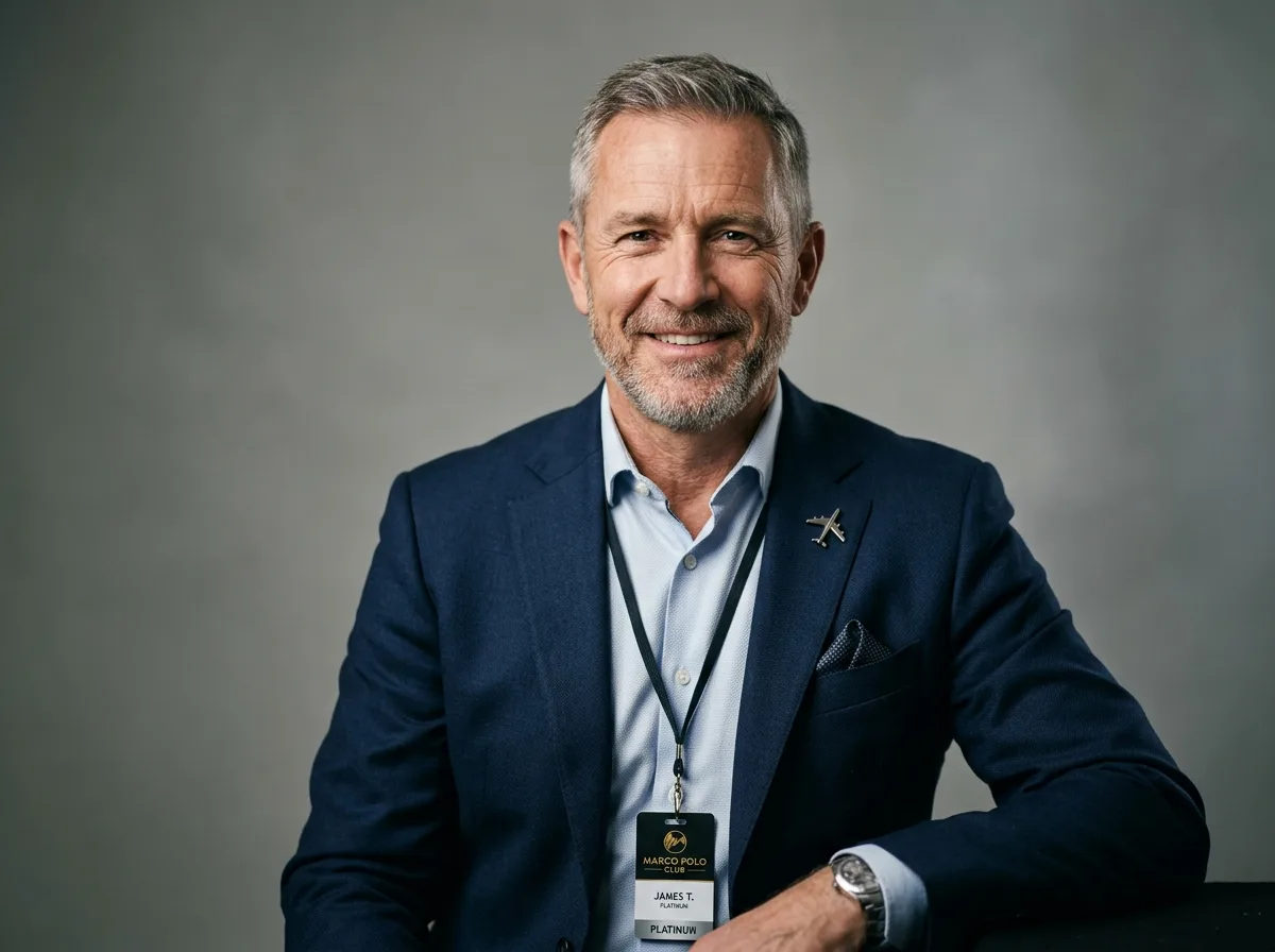 Portrait of James T., 50s male frequent flyer, confident expression, suit jacket, neutral studio setting