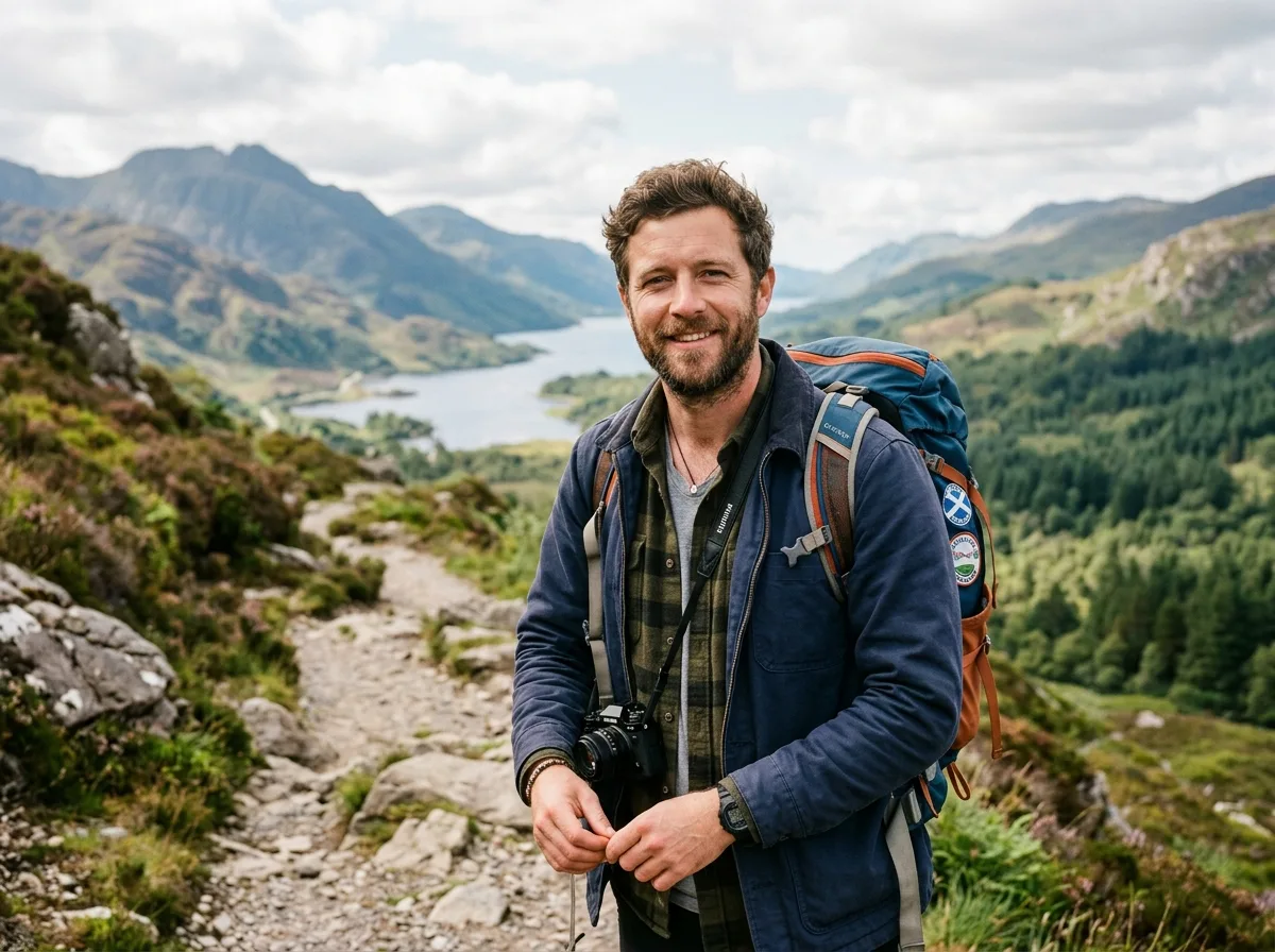 Portrait of Tom W., 35 male traveler, casual attire, friendly demeanor, outdoor natural light background