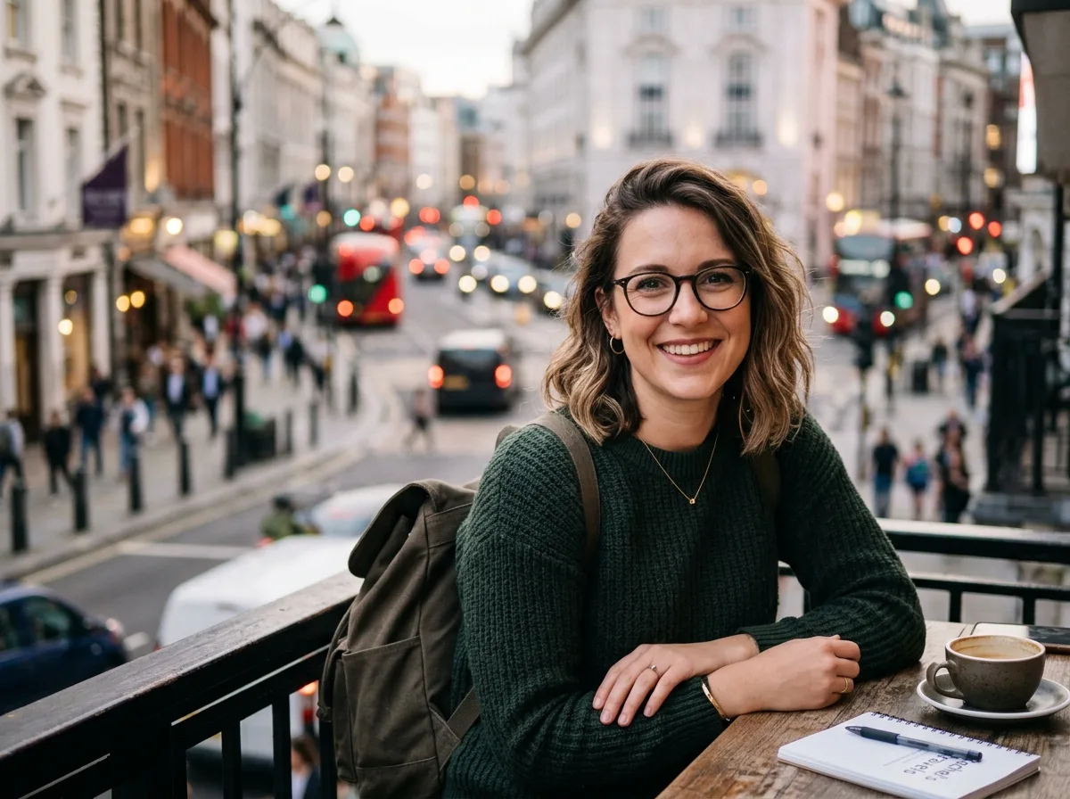 Portrait of Rachel M., 28 woman traveler, glasses, friendly smile, casual modern setting with city blur background